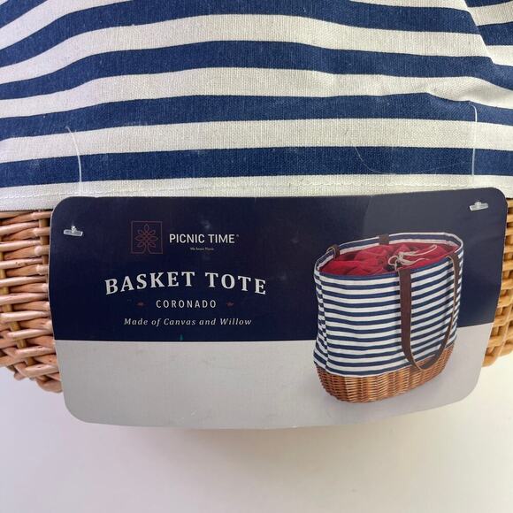Picnic Time Coronado Canvas and Willow Basket Tote Navy Blue White Striped - Picture 10 of 16